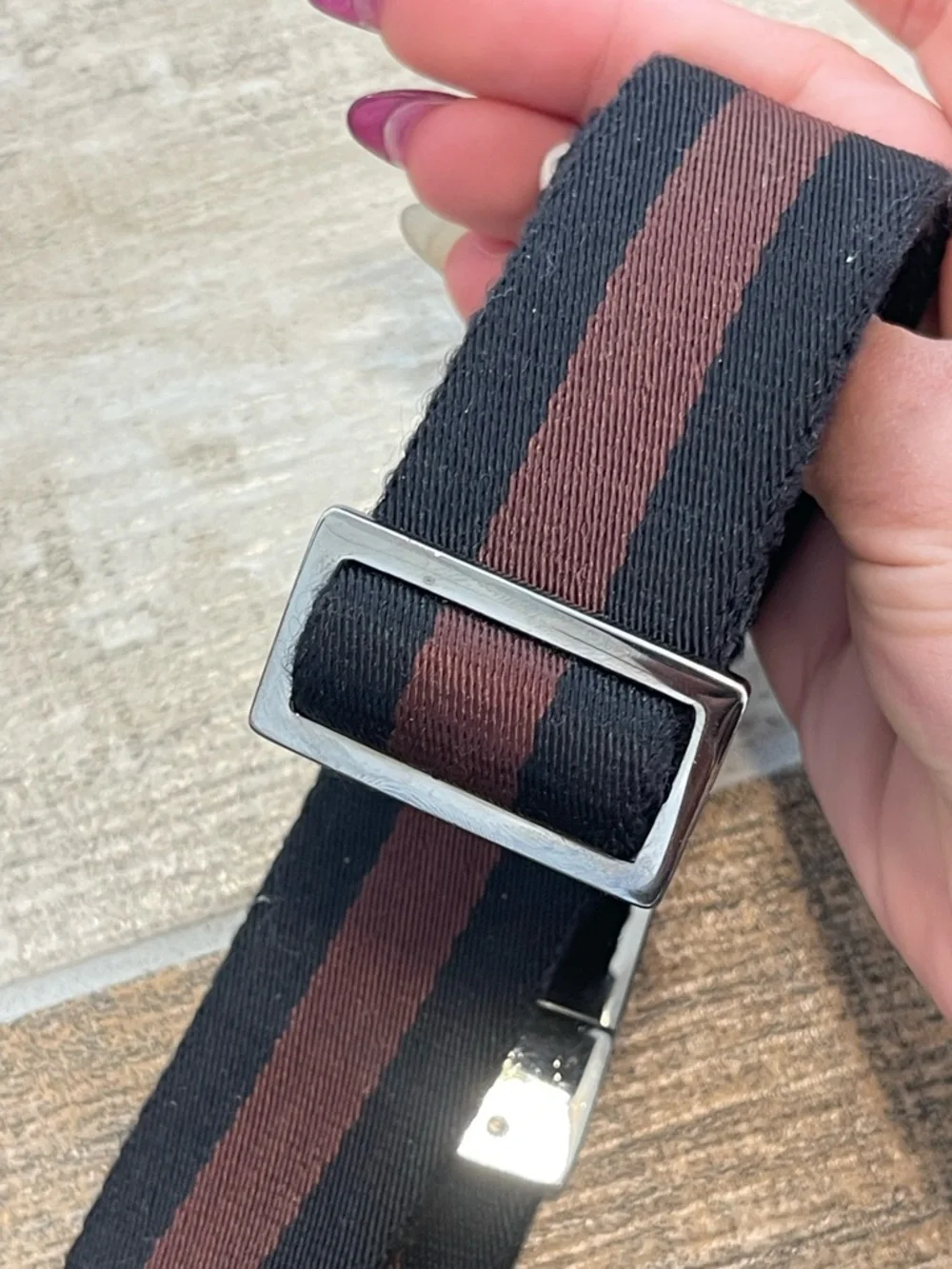 Gucci Canvas Two Tone Brown Black Stripe Web Adjustable Belt Metal Buckle Mens